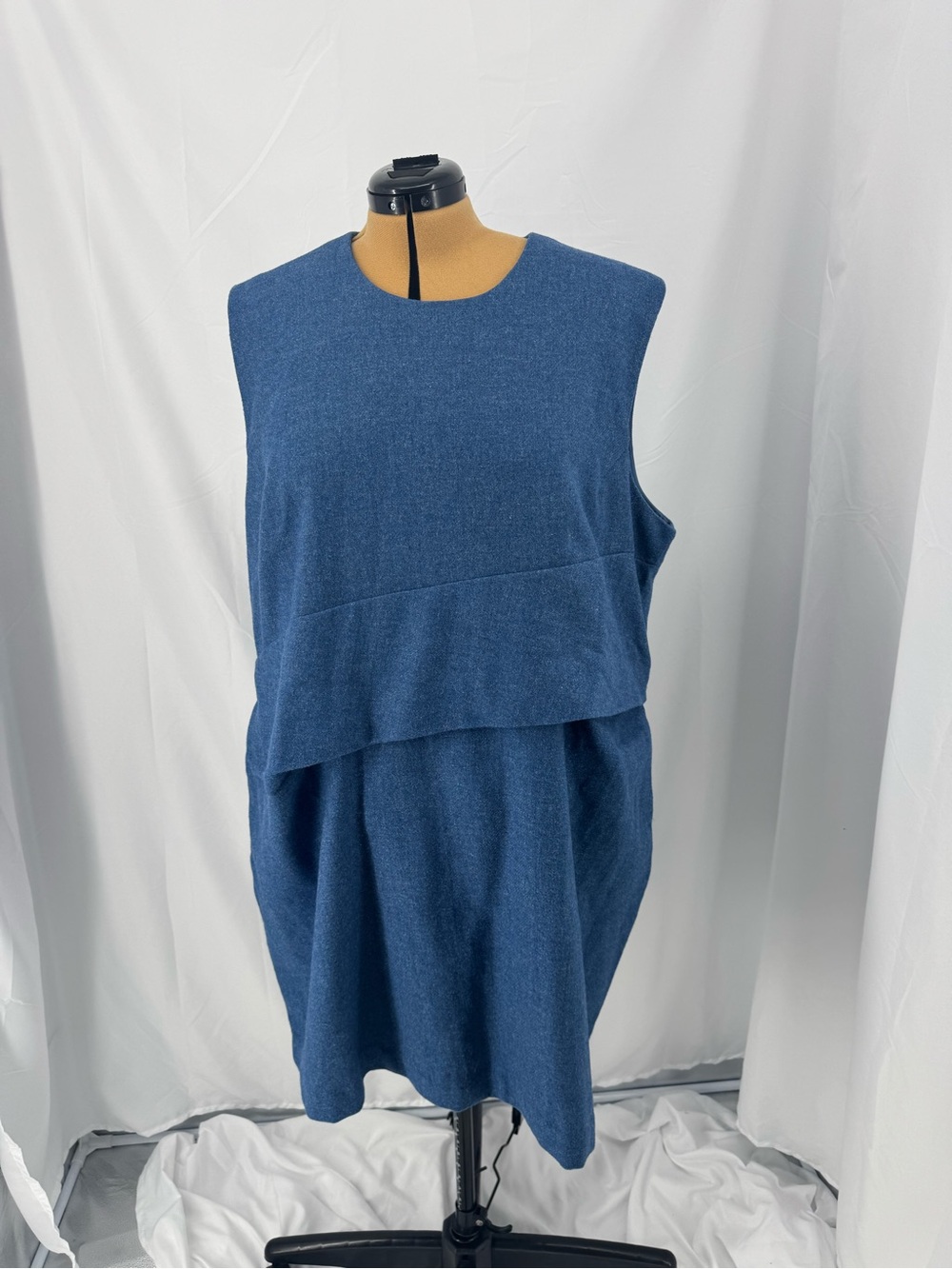 Frances Valentine Sleeveless Layered Denim-Blue Wool Blend Midi Dress 0283